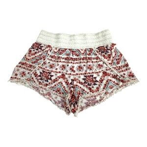 Red Tribal Print High Thigh Shorts with Lace Trim & Elastic Waist Band